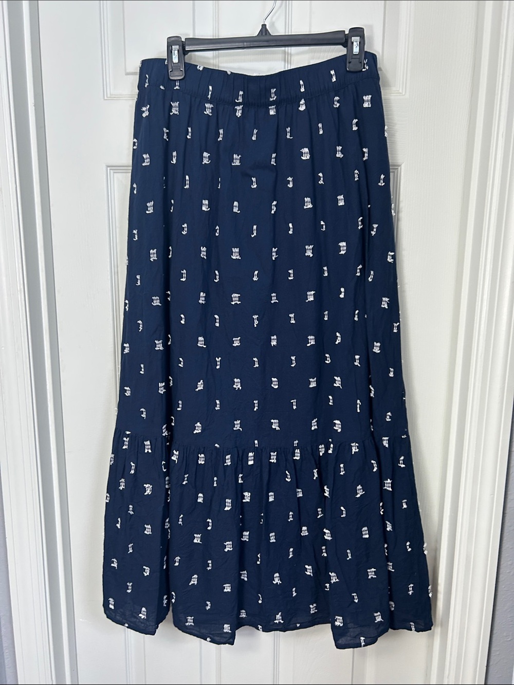 LOFT Navy Printed Ruffle-Hem Maxi Skirt
